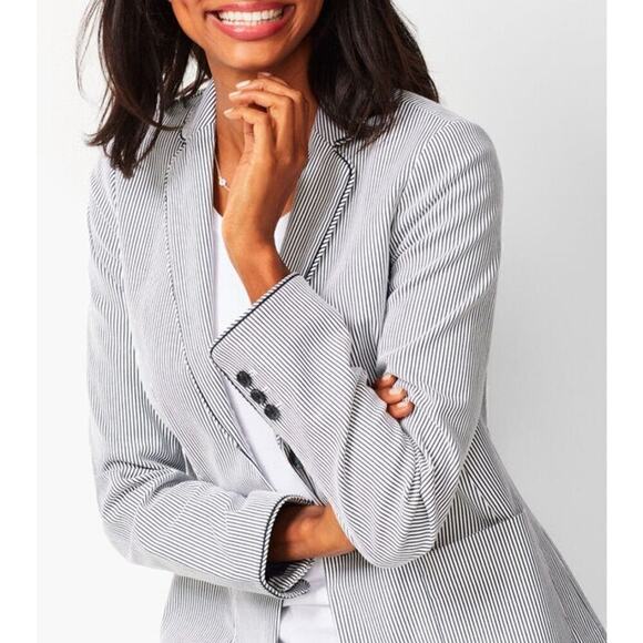Talbots‎ Stripe Piped Blazer Jacket in Black and White Cotton Stretch, Size 4 - Picture 3 of 14
